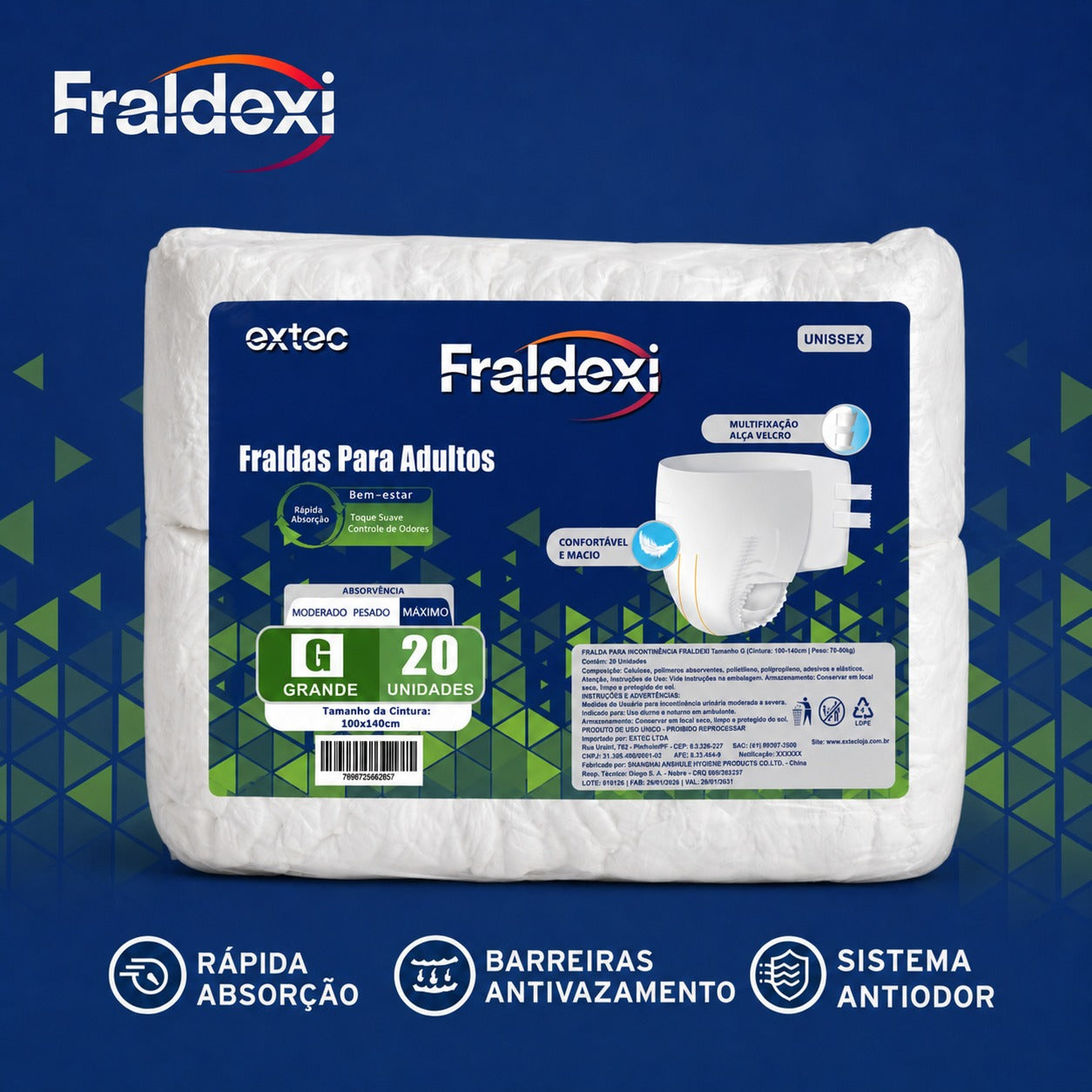 20 un. Fralda para adultos Fraldexi - Rápida absorção (G)