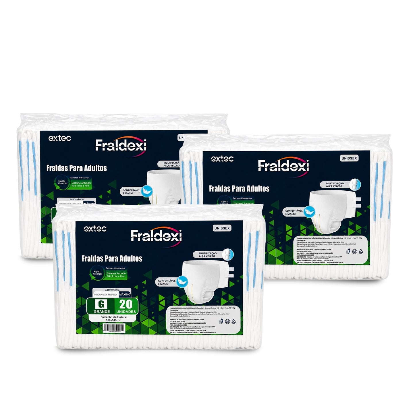 60UN Fralda Geriátrica G de Rápida Absorção Fraldexi | Cx c/ 3 Pct de 20un