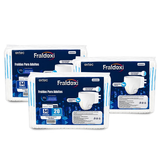 60UN Fralda Geriátrica M de Rápida Absorção Fraldexi | Cx c/ 3 Pct de 20un