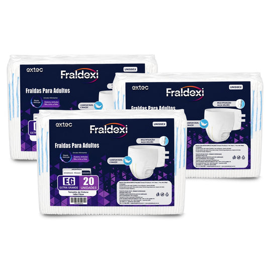 60UN Fralda Geriátrica EG de Rápida Absorção Fraldexi | Cx c/ 3 Pct de 20un