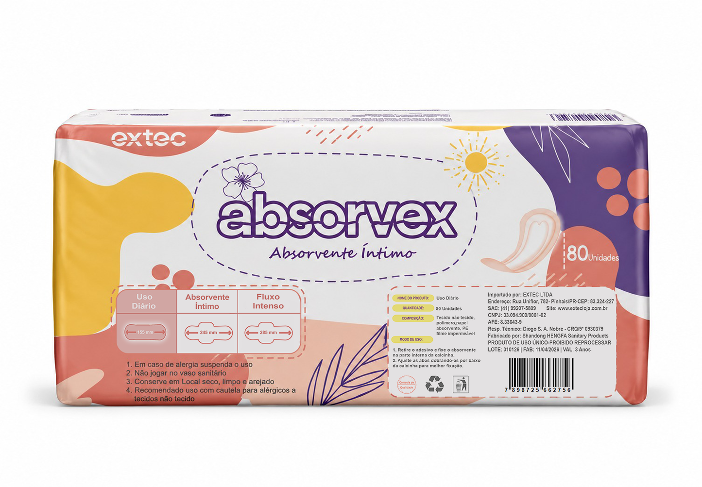 80 Unidades Absorvente de Uso Diário Feminino Absorvex – Proteção Diária, Toque Suave e Ajuste Confortável
