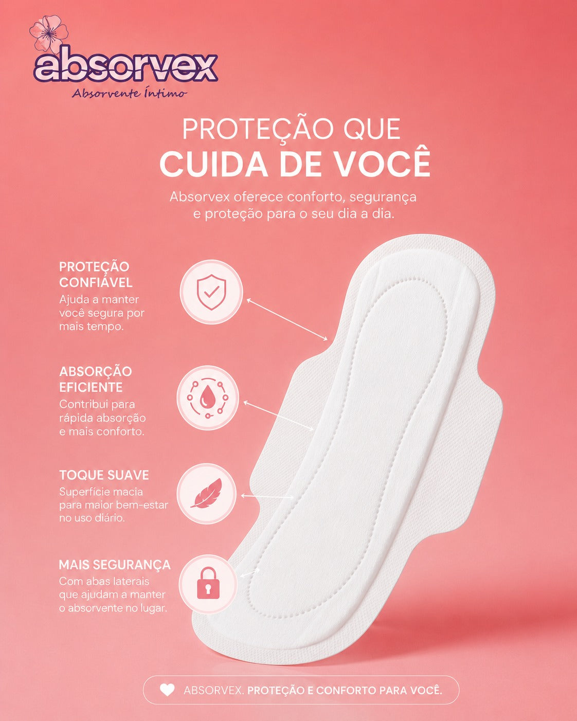 80 Unidades Absorvente Feminino com Abas Absorvex  – Alta Absorção, Confortável e Proteção Segura