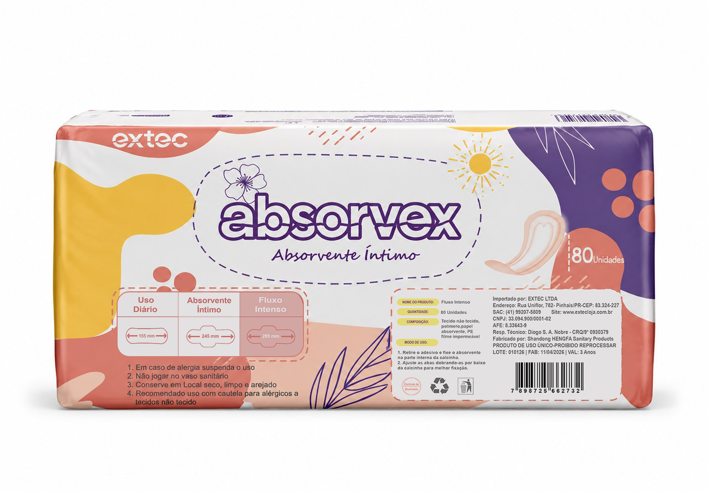80 Unidades Absorvente Feminino com Abas Fluxo Intenso Absorvex  – Maior Tamanho e Alta Absorção