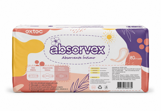 80 Unidades Absorvente Feminino com Abas Fluxo Intenso Absorvex  – Maior Tamanho e Alta Absorção