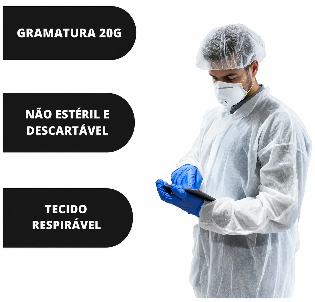 10 Unidades Avental Descartável TNT Branco Manga Longa