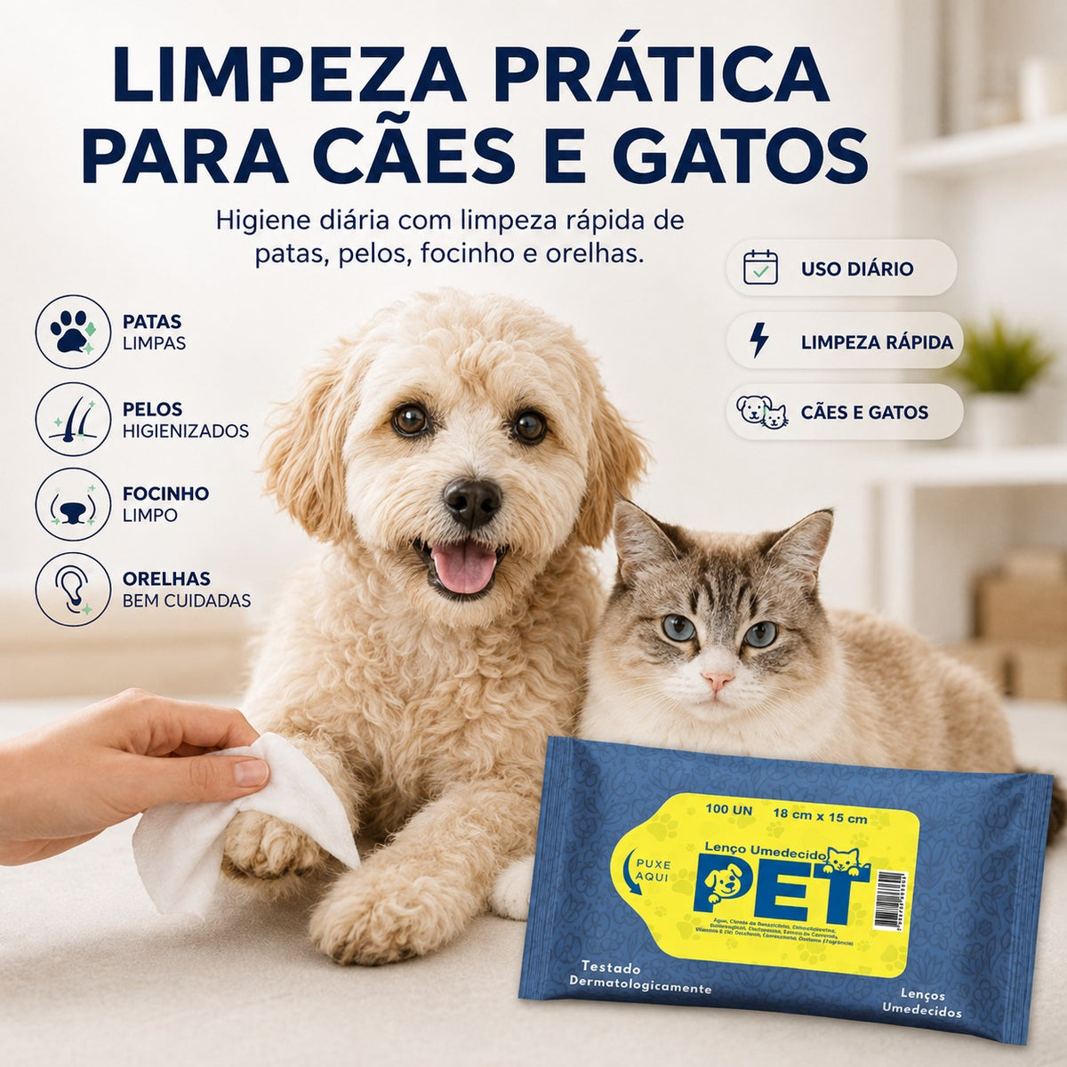 100un Lenço Umedecido Pet Cães e Gatos Banho a Seco