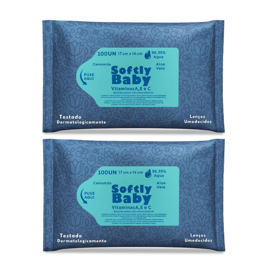 200un Lenço Umedecido Baby Softly Com Vitaminas A e C, Aloe Vera e Camomila