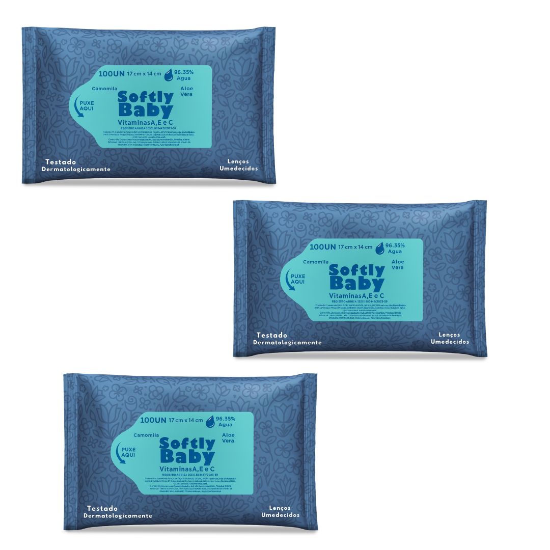 300un Lenço Umedecido Baby Softly Com Vitaminas A e C, Aloe Vera e Camomila