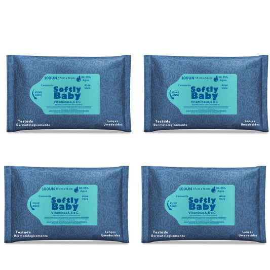 400un Lenço Umedecido Baby Softly Com Vitaminas A e C, Aloe Vera e Camomila