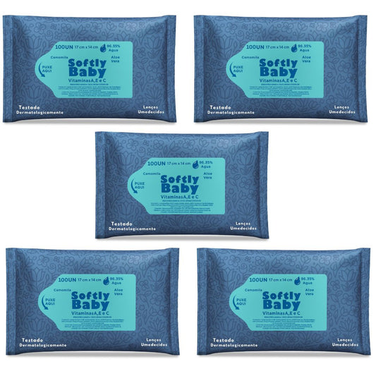 500un Lenço Umedecido Baby Softly Com Vitaminas A e C, Aloe Vera e Camomila