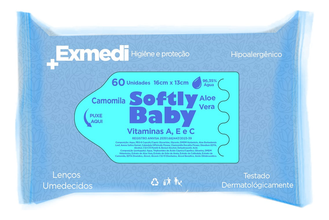 60un Lenço Umedecido Baby Softly Com Vitaminas A e C, Aloe Vera e Camomila