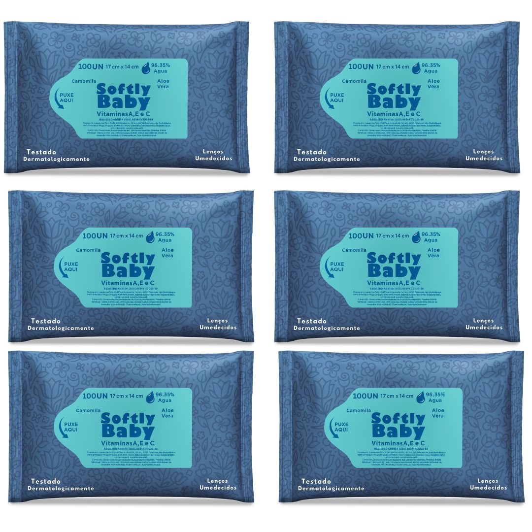 600un Lenço Umedecido Baby Softly Com Vitaminas A e C, Aloe Vera e Camomila
