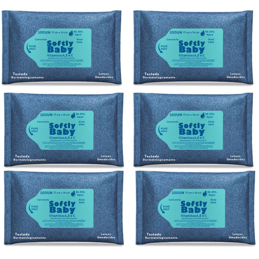 600un Lenço Umedecido Baby Softly Com Vitaminas A e C, Aloe Vera e Camomila