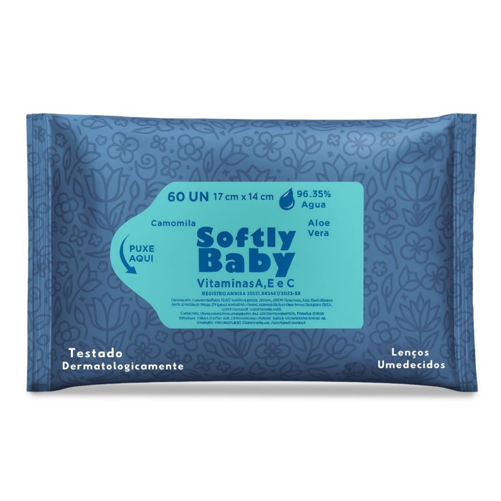60un Lenço Umedecido Baby Softly Com Vitaminas A e C, Aloe Vera e Camomila