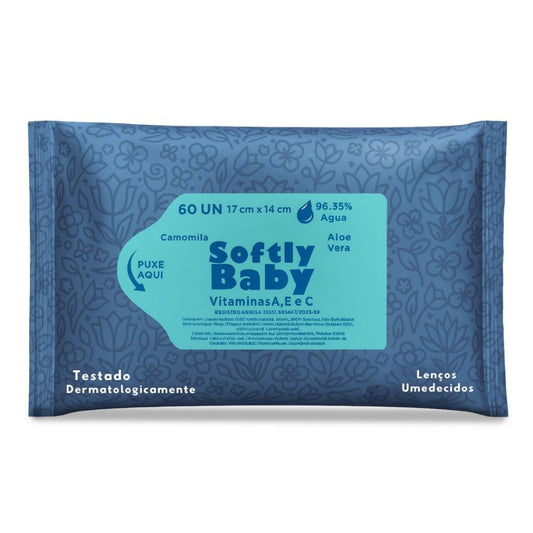 60un Lenço Umedecido Baby Softly Com Vitaminas A e C, Aloe Vera e Camomila
