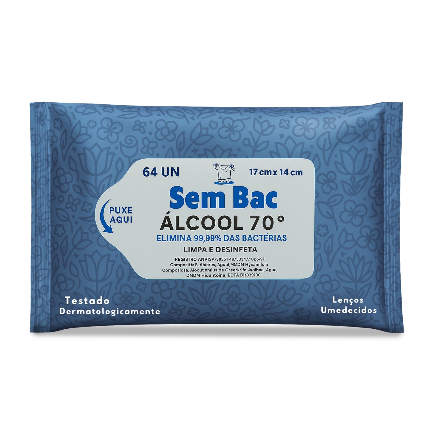 Lenço Umedecido 64 UN Alcool 70 SEMBAC elimina 99% bactérias